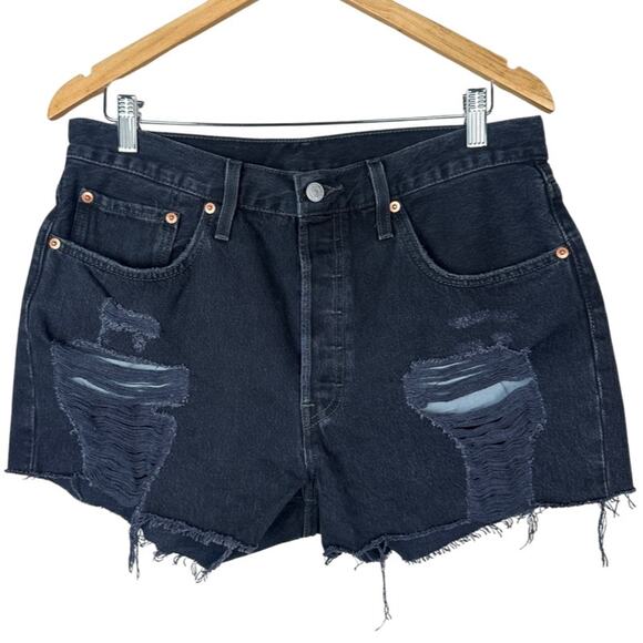 Distressed Black Denim Shorts - Picture 1 of 8